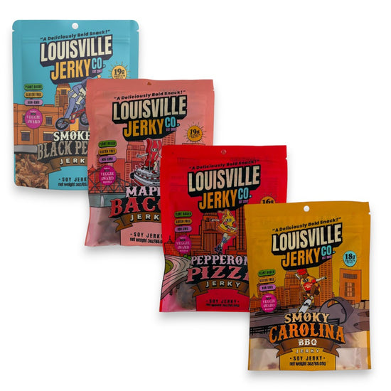 An assortment of colorful 3oz bags of Louisville Vegan Jerky Co. flavors.
