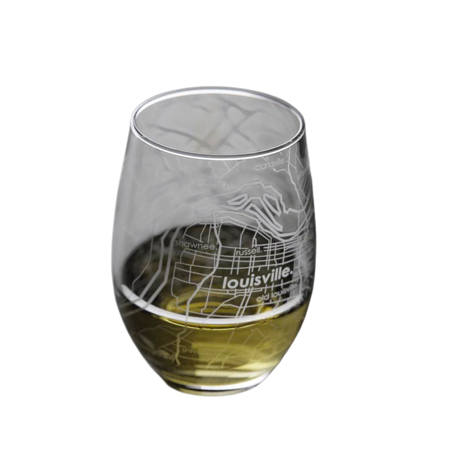 Clear glass with a map etching of Louisville, filled with white wine on a white background