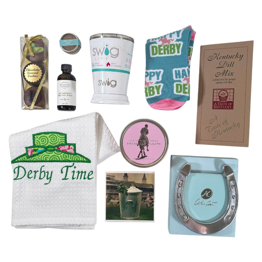 Top-down view showcasing all the genuine Kentucky heritage items included in the horseshoe gift basket.