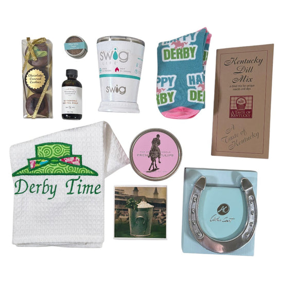 Top-down view showcasing all the genuine Kentucky heritage items included in the horseshoe gift basket.