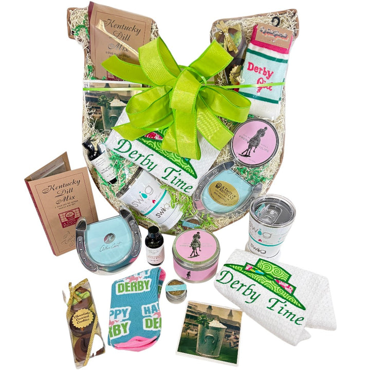 Top-down view showcasing all the genuine Kentucky heritage items included in the horseshoe gift basket.