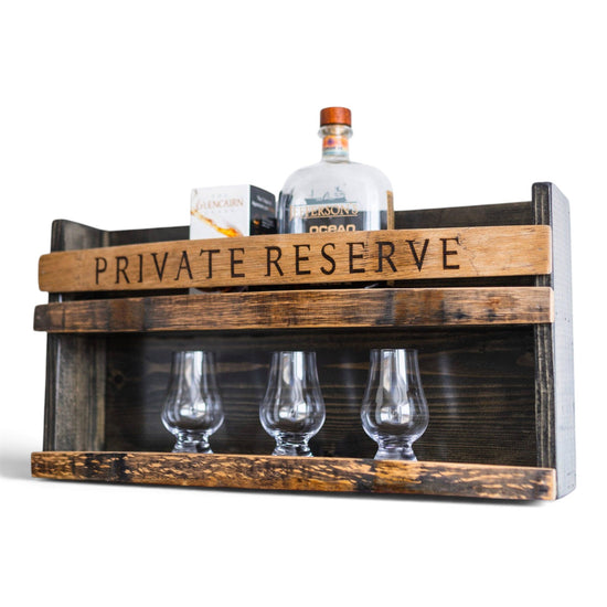 Luxe Bar Shelf styled with bourbon bottles and glassware in a rustic-modern home bar.