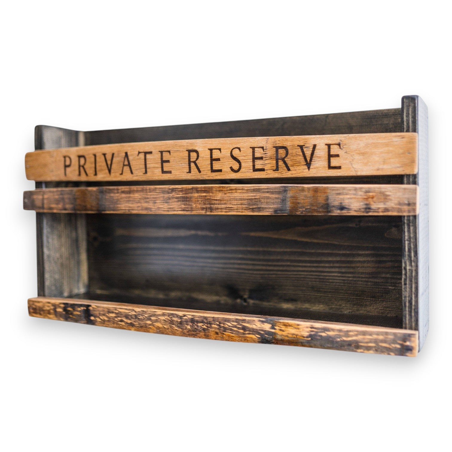 Luxe Bar Shelf Private Reserve handcrafted from reclaimed Kentucky bourbon and whiskey barrel staves with stained solid pine.