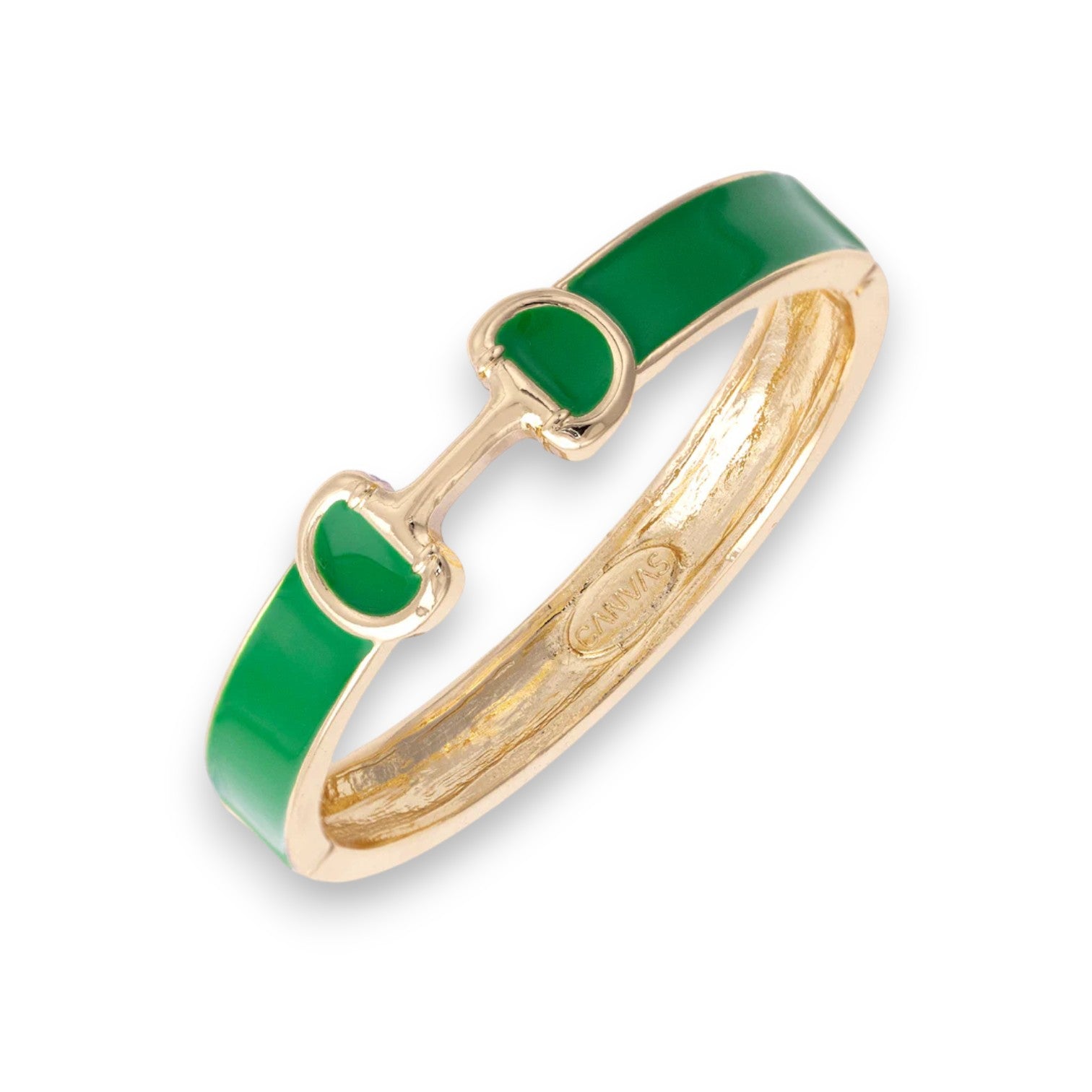 Close-up of the Majesty Horsebit Bangle in rich green enamel with gold horsebit detail.