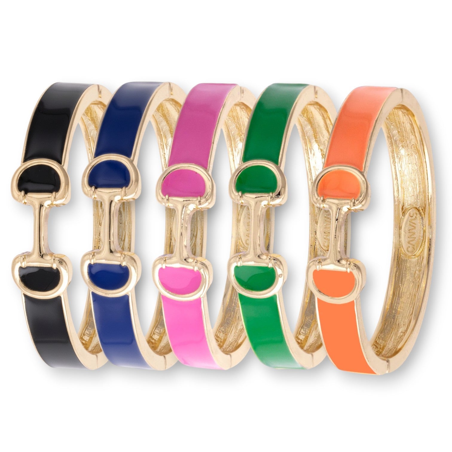 A collection of Majesty Horsebit Enamel Hinge Bangles in green, orange, pink, navy blue, and black arranged together.