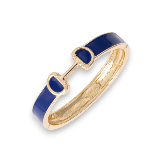 Close-up of the Majesty Horsebit Bangle in classic navy blue enamel.