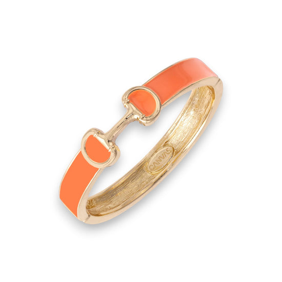 Close-up of the Majesty Horsebit Bangle in vibrant orange enamel with gold accents.