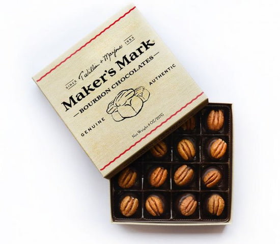 Box of Maker's Mark bourbon chocolates on a white background