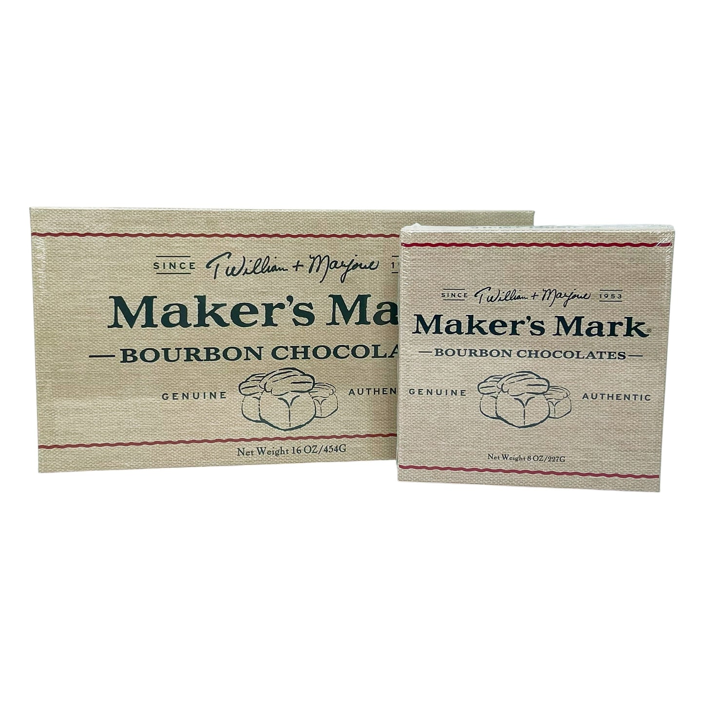 Two packages of Maker's Mark Bourbon Chocolates on a white background