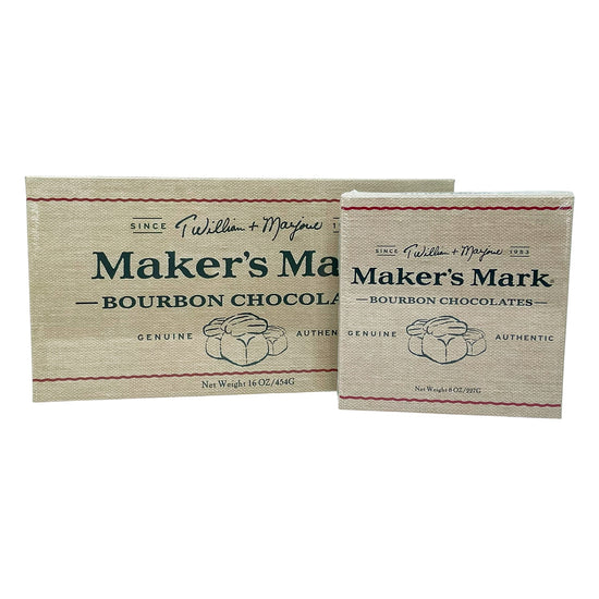 Two packages of Maker's Mark Bourbon Chocolates on a white background