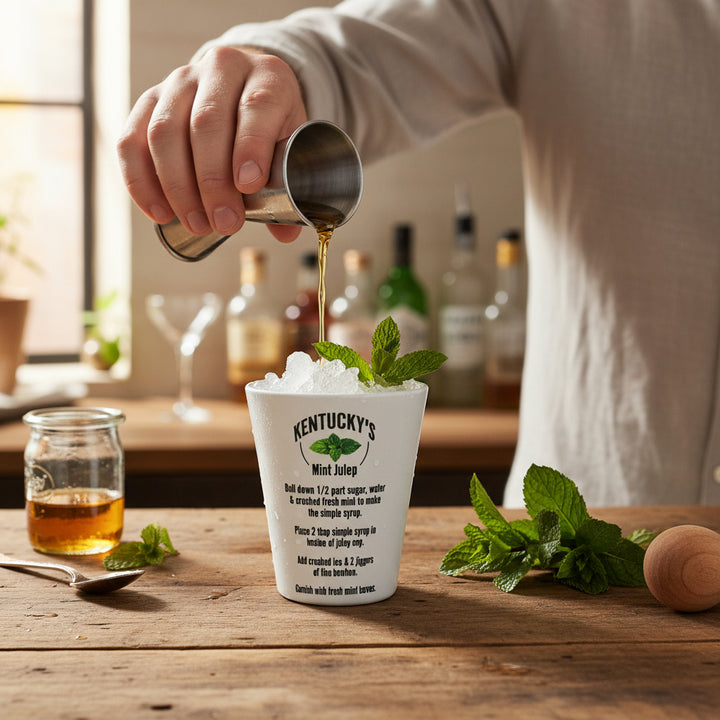 Action shot of a bartender pouring amber bourbon into the recipe cup, which is filled with crushed ice and fresh mint.