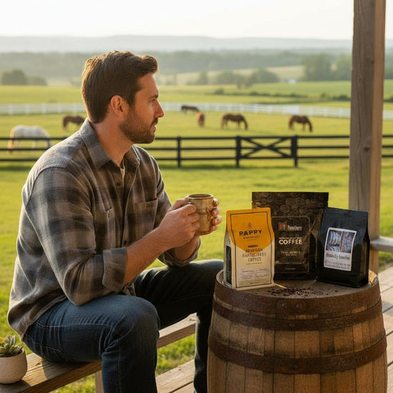 A man enjoying a cup of coffee on a porch overlooking a field with horses and a barrel of bourbon coffee.