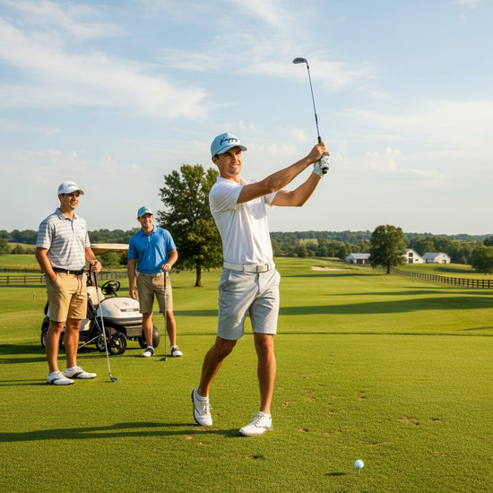 Golfers wearing the baby blue Happy Embroidered Rope Hat on a course with a clear sky