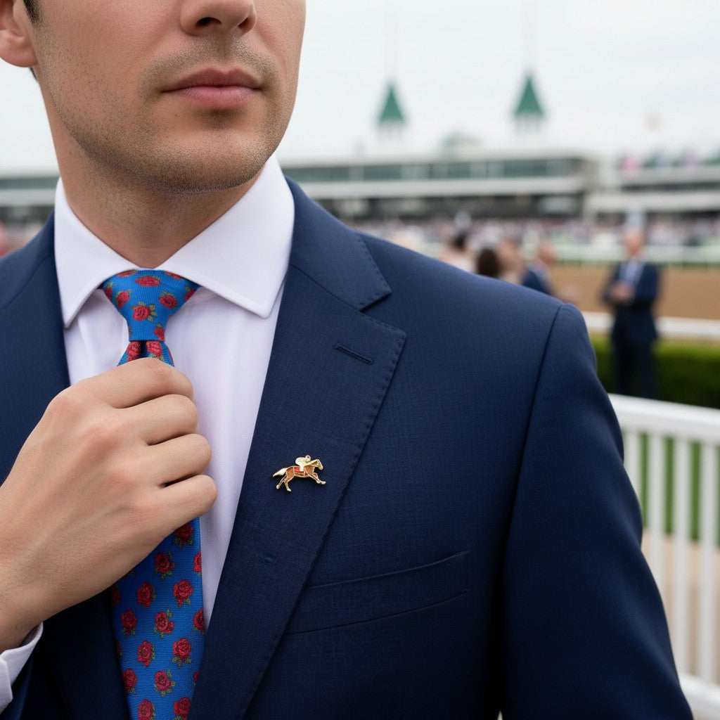 A close-up of a man's navy blue suit lapel, adorned with the golden Race Horse pin.
