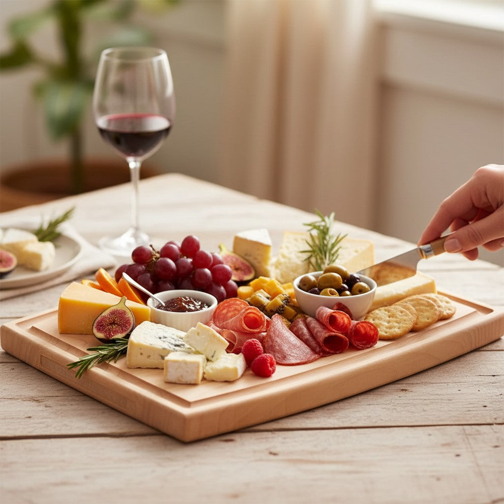 A lifestyle image of the Louisville skyline board used as a charcuterie platter, styled with various cheeses, meats, and fruits.