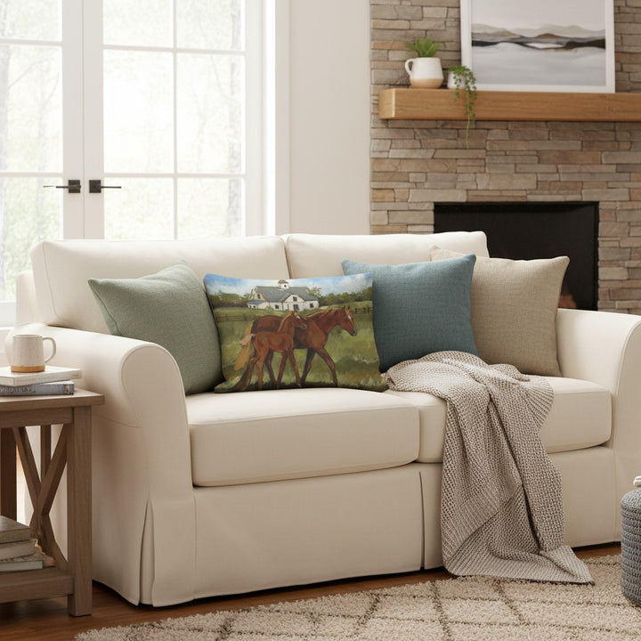 Mare and Foal Throw Pillow | Painted Horse Farm Scene Decorative Pillow | 19" x 24" Indoor/Outdoor - A Taste of Kentucky