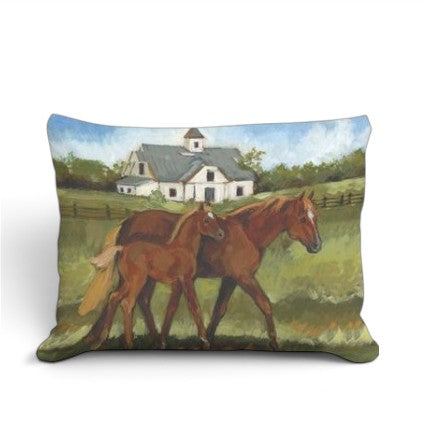 Mare and Foal Throw Pillow | Painted Horse Farm Scene Decorative Pillow | 19" x 24" Indoor/Outdoor - A Taste of Kentucky
