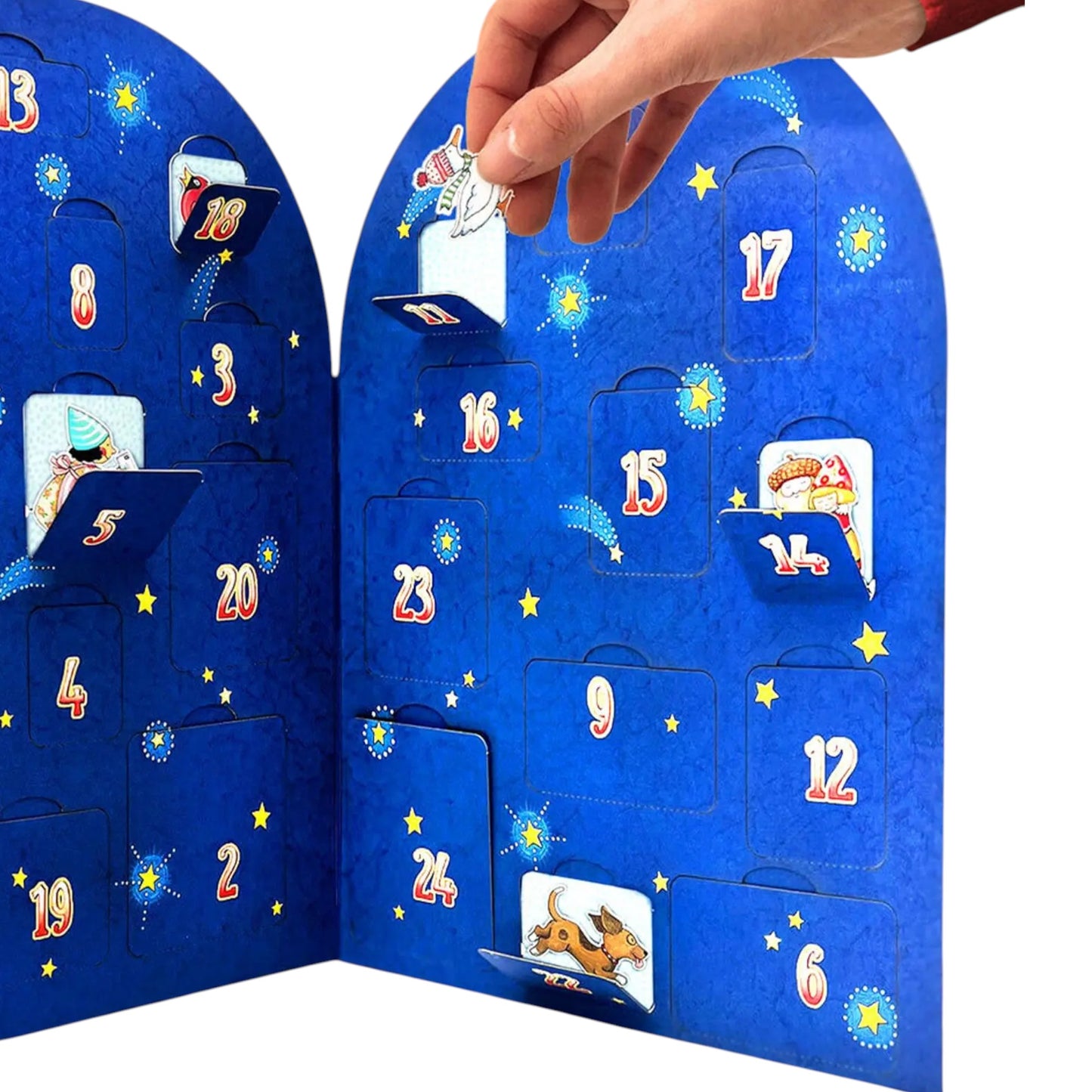 Blue advent calendar with numbered doors being opened by a hand