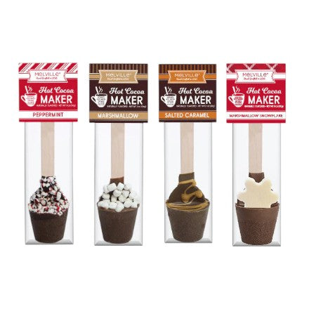 Assorted Melville hot chocolate spoons in four flavors: peppermint, marshmallow, salted caramel, marshmallow snowflake.