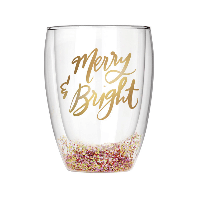 The Merry & Bright double-wall stemless wine glass on a clean white background.
