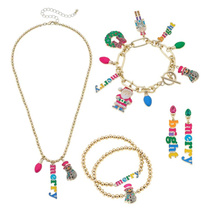 The complete Merry & Bright holiday jewelry collection, including the charm bracelet, earrings, and bead jewelry.