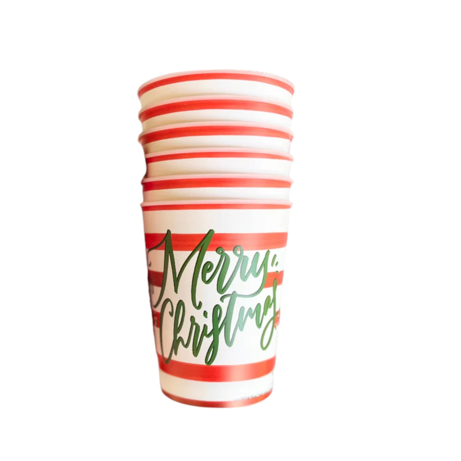 A reusable white party cup with red stripes and green "Merry Christmas" text.