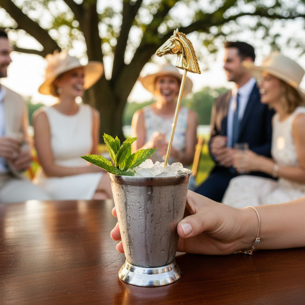 Hand holding a cocktail with a horse stirrer in front of a group of people outdoors.