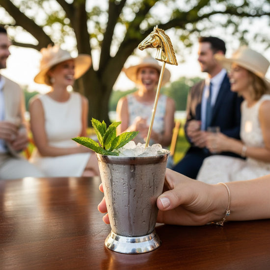 Hand holding a cocktail with a horse stirrer in front of a group of people outdoors.