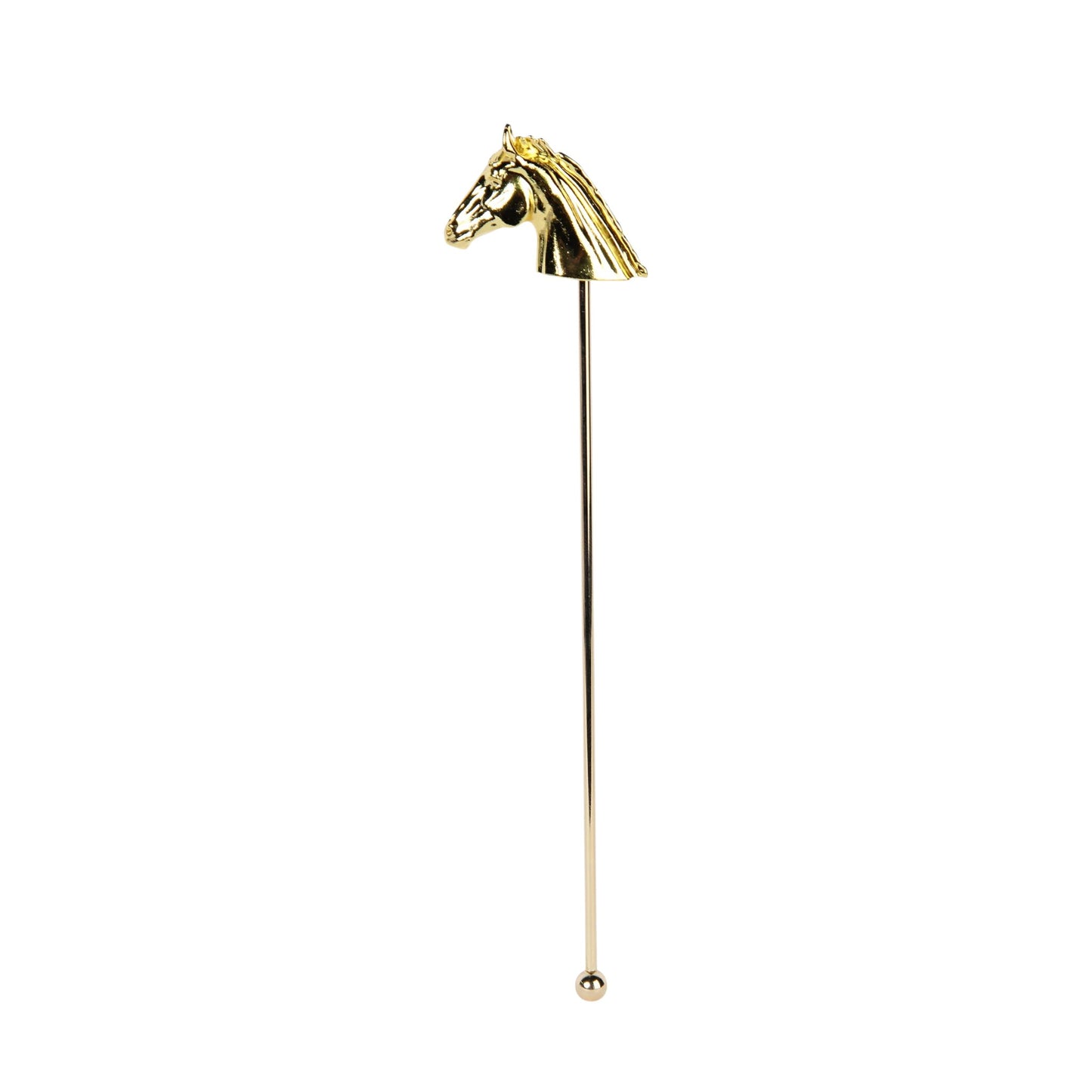 A metal cocktail stirrers topped with an elegant horse head design, in a polished gold finish.