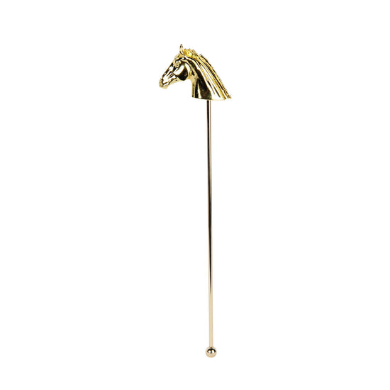 A metal cocktail stirrers topped with an elegant horse head design, in a polished gold finish.