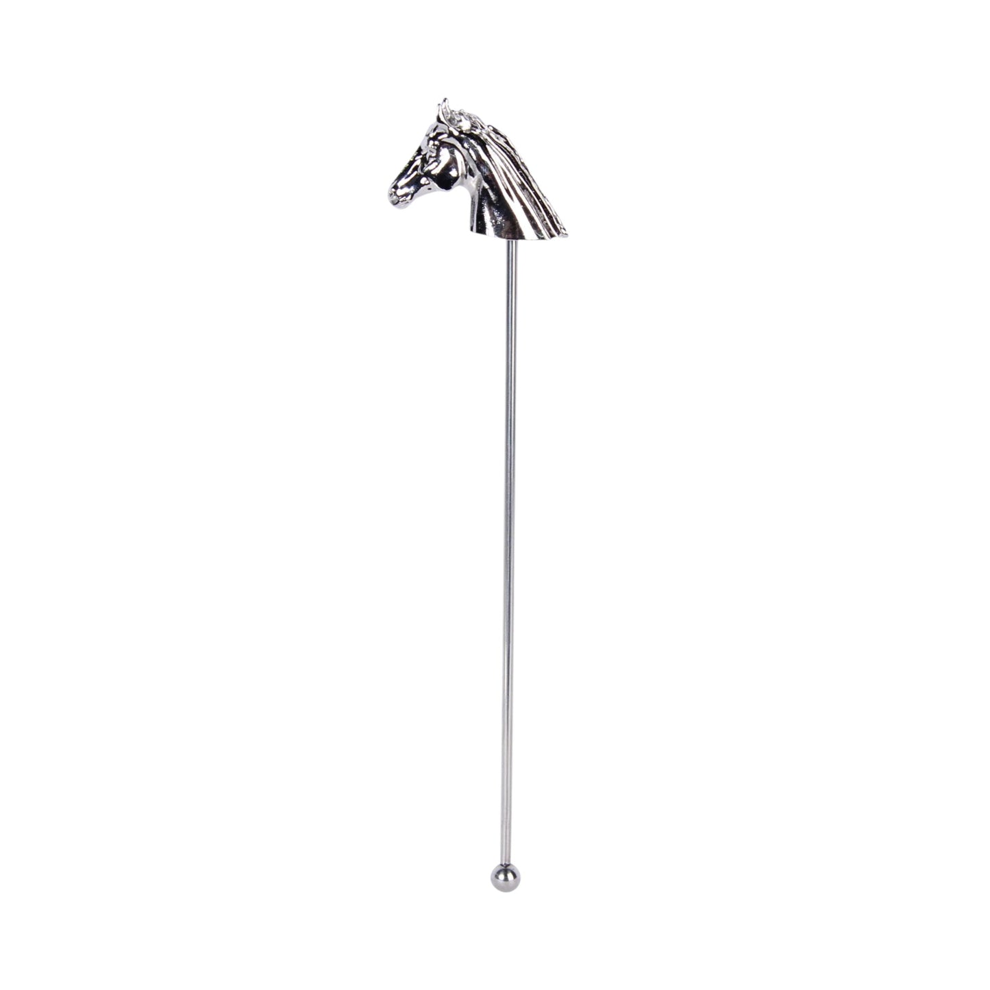 A metal cocktail stirrers topped with an elegant horse head design, in a sleek silver finish.