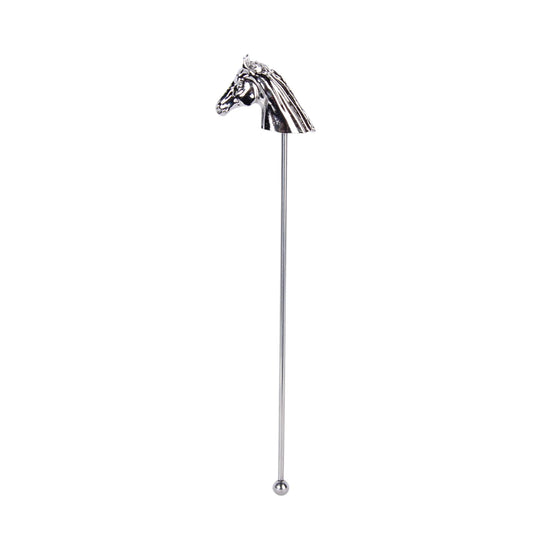 A metal cocktail stirrers topped with an elegant horse head design, in a sleek silver finish.