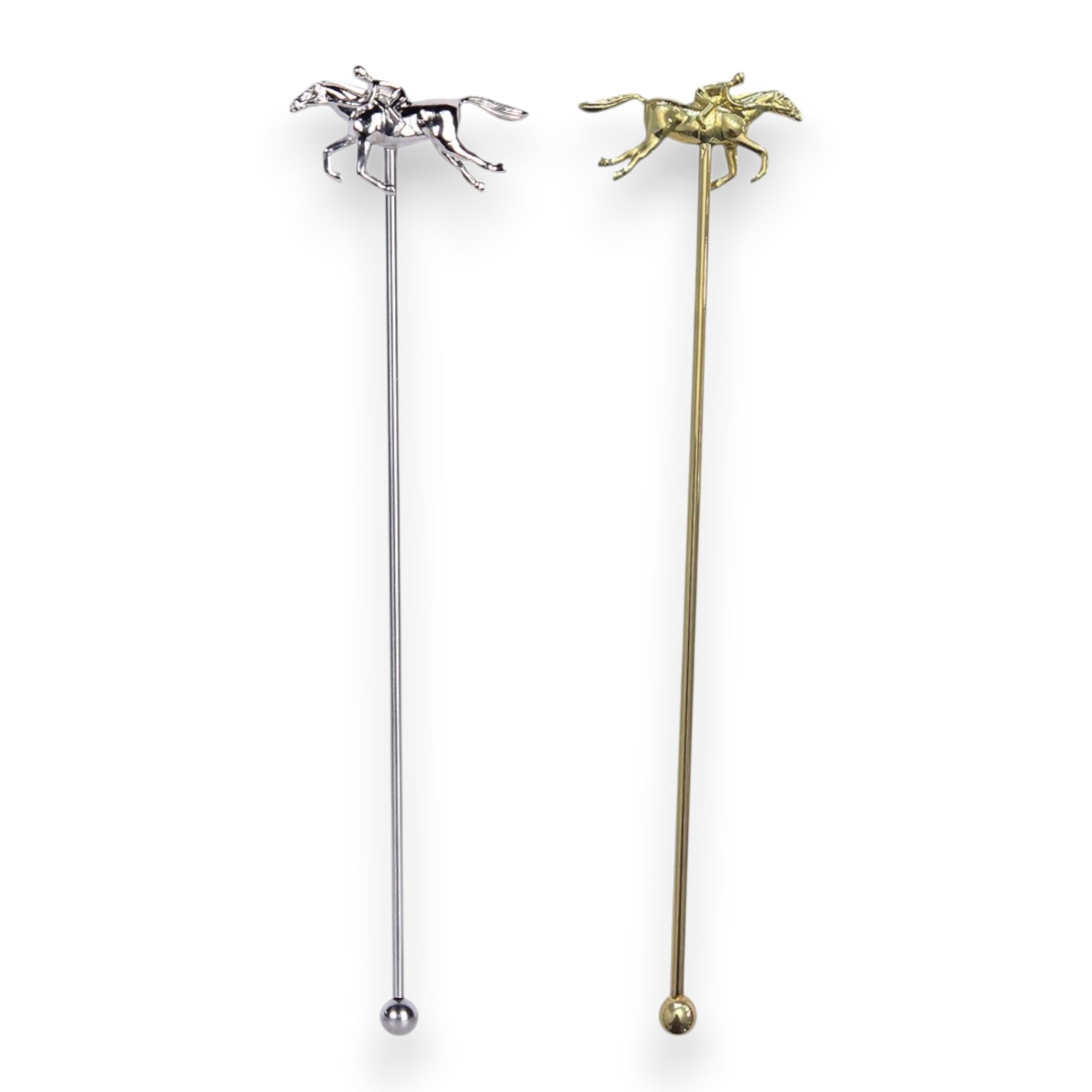 Metal cocktail stirrers featuring a racehorse and jockey design, shown in both gold and silver finishes.