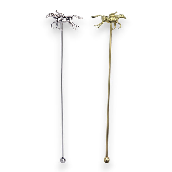 Metal cocktail stirrers featuring a racehorse and jockey design, shown in both gold and silver finishes.