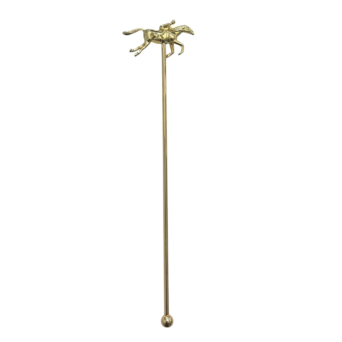 Metal cocktail stirrers featuring a racehorse and jockey design, shown in both gold and silver finishes.