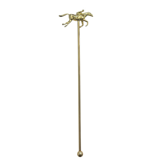 Metal cocktail stirrers featuring a racehorse and jockey design, shown in both gold and silver finishes.