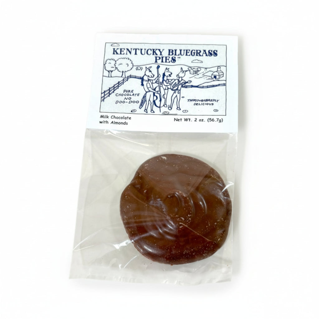 Close-up of the Kentucky Bluegrass Pie in its Milk Chocolate with Almonds wrapper.