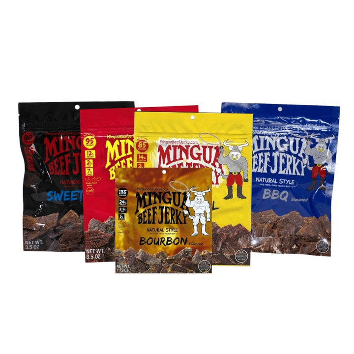 Five packages of Mingu Beef Jerky in different flavors on a white background