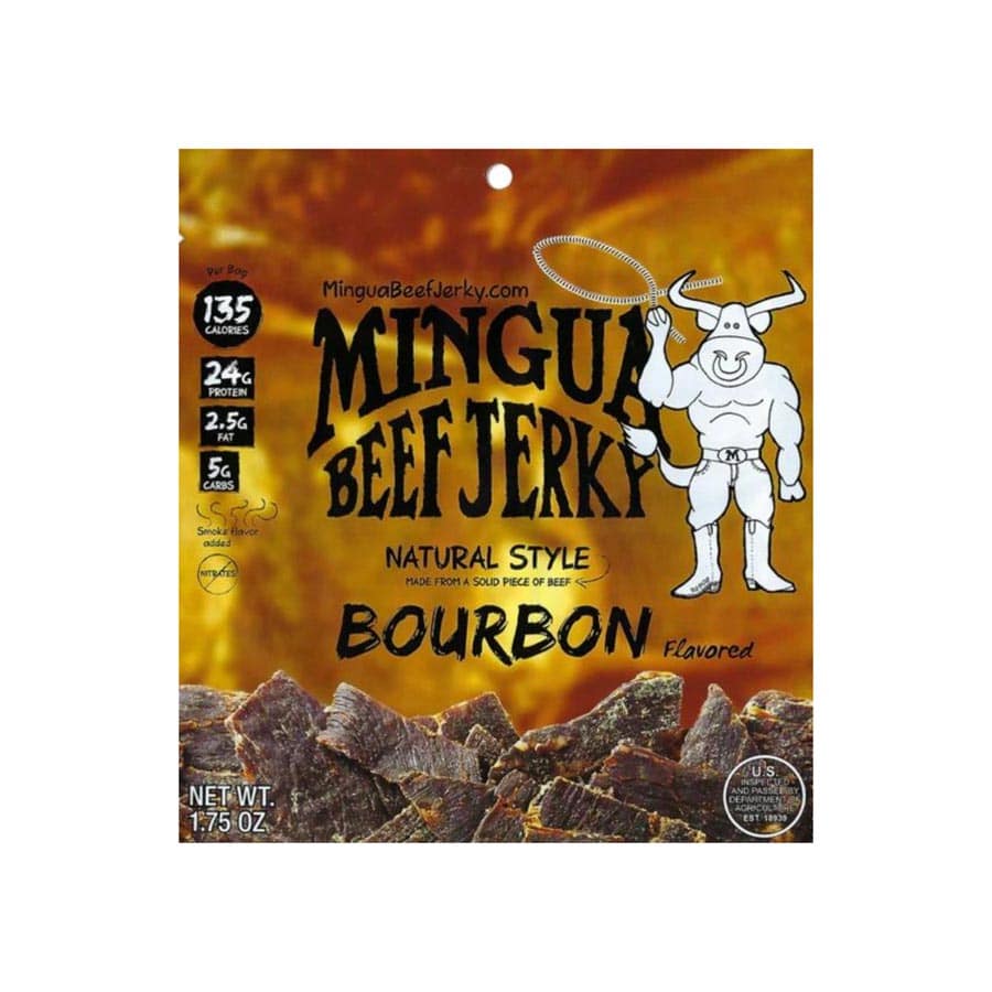 Mingua Beef Jerky packaging with beef jerky pieces on a white background