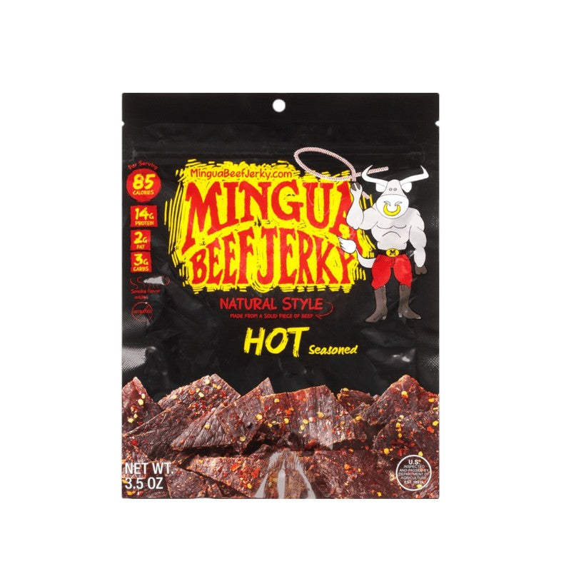 Mingus Beef Jerky packaging with beef jerky pieces on a black background