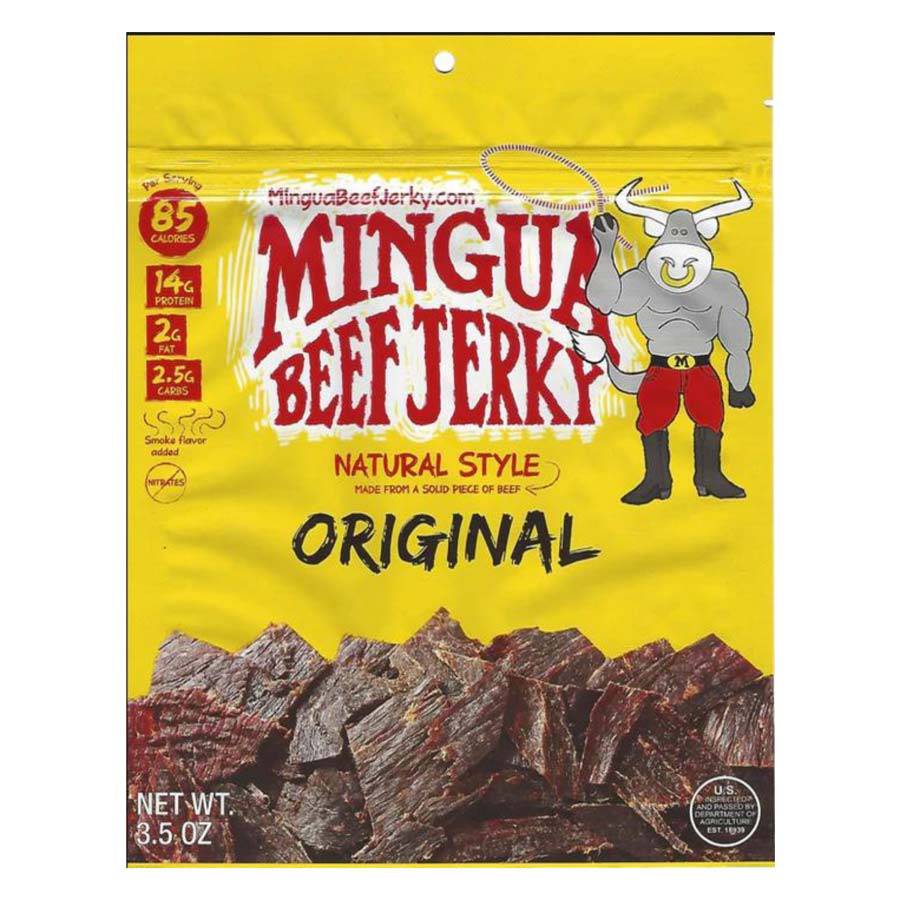 Mingus Beef Jerky packaging with a yellow background and beef jerky image.