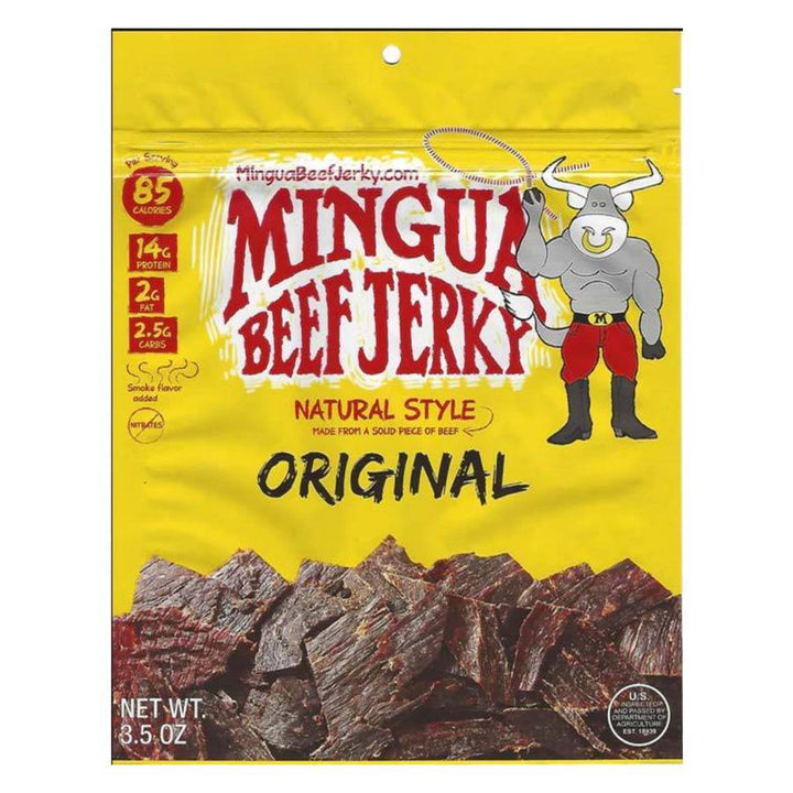 Mingus Beef Jerky packaging with a yellow background and beef jerky image.