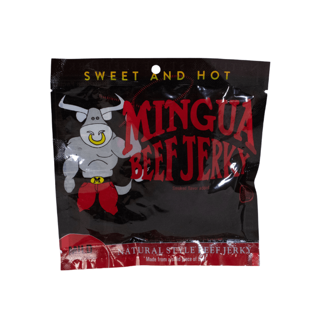 Mingua Beef Jerky packaging with cartoon bull on a black background