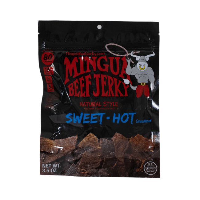 Mingua Beef Jerky package with beef jerky visible on a white background