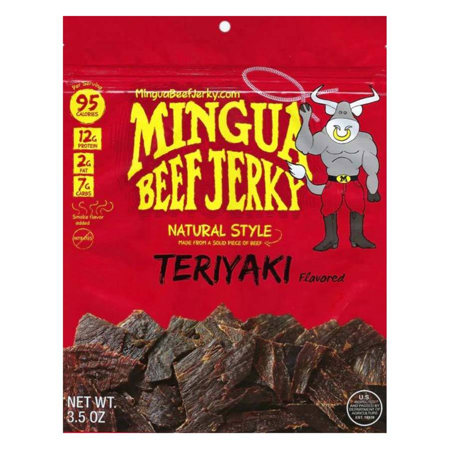 Mingus Beef Jerky Teriyaki flavor packaging on a red background