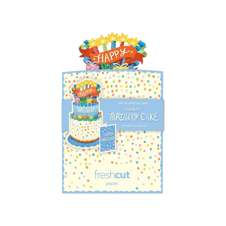 Packaged birthday cake-themed paper with colorful design on a white background