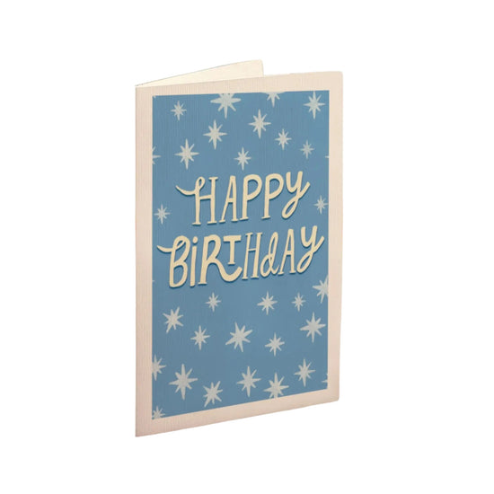 Blue birthday card with white star patterns and 'Happy Birthday' text on a white background