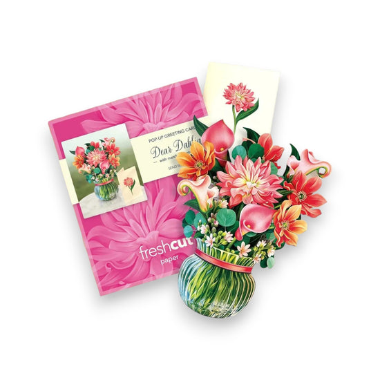 The flat Mini Dear Dahlia card shown with its matching mailing envelope and notecard.