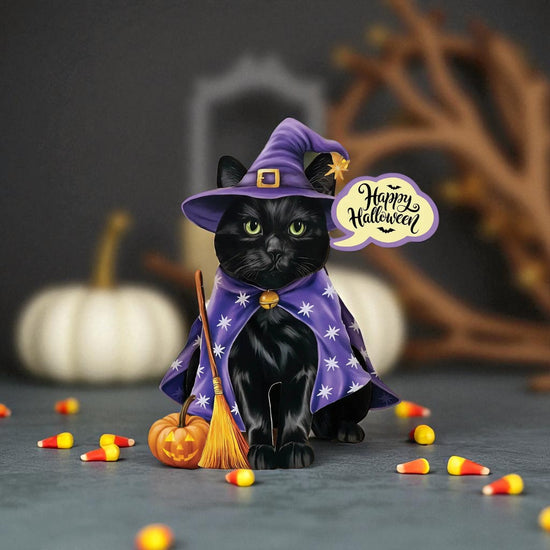 Black cat in a purple witch costume with Halloween decorations on a dark background