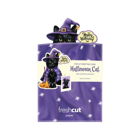 Halloween-themed pop-up greeting card with a black cat in a witch hat on a purple background.